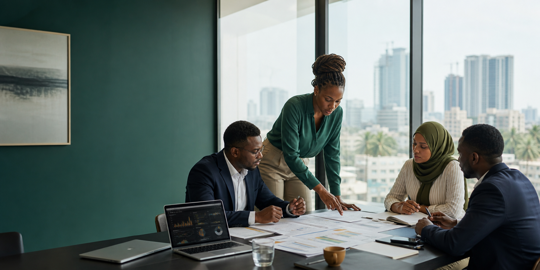 Illustration of business professionals reviewing a company plan